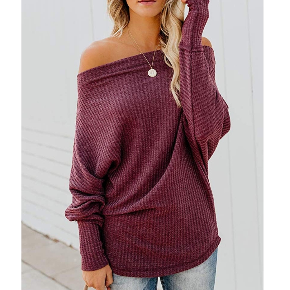 New Slouchy Off shoulder Waffle Knit Sweater Top - Picture 2 of 8